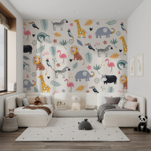 Safari Whimsy animal pattern wallpaper with illustrated lions, giraffes, flamingos and zebras