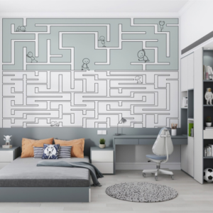 Sage Labyrinth geometric maze wallpaper with stick figures in sage green-grey and white