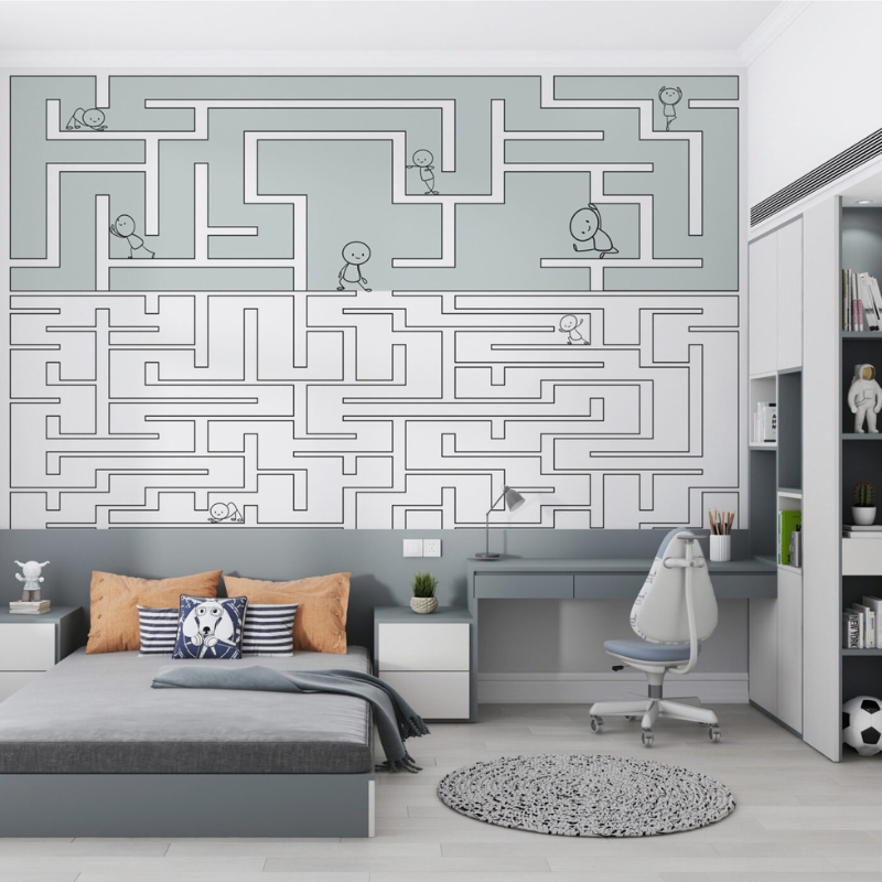 Sage Labyrinth geometric maze wallpaper with stick figures in sage green-grey and white