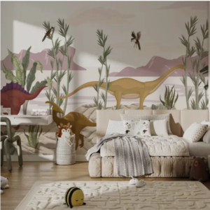 Sahara dinosaur wallpaper mural with dinosaurs, dusty pink mountains and bamboo