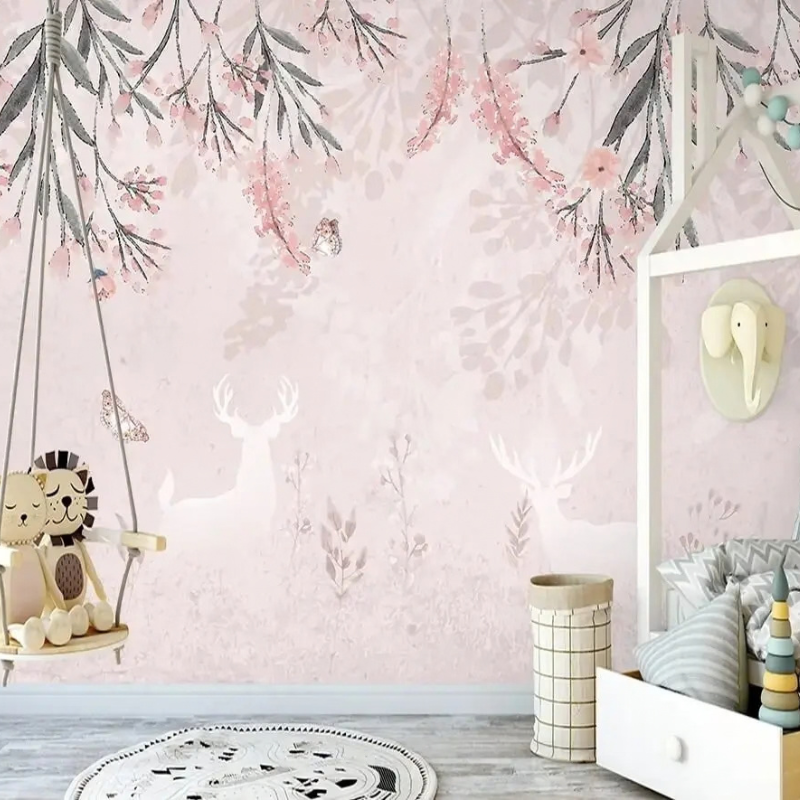 Secret Forest pink forest wallpaper mural with white deer silhouettes and floral branches
