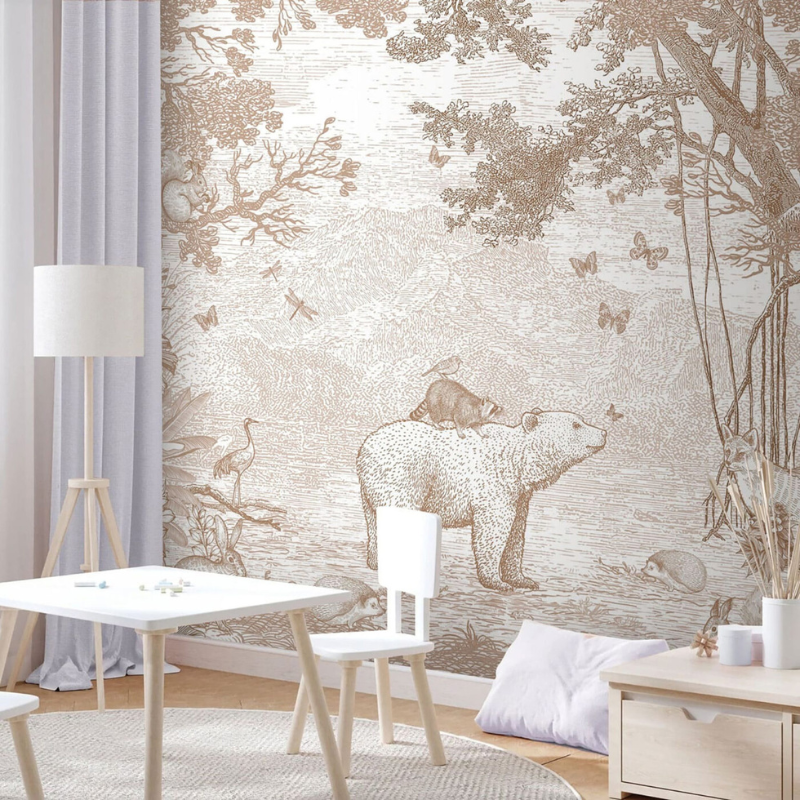 Sepia Grove bear forest wallpaper mural with a sketched bear and raccoon in sepia tones