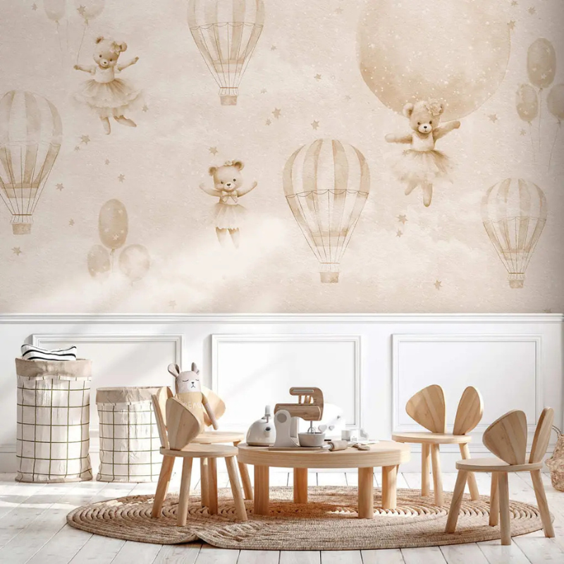 Serenity teddy bear wallpaper mural with hot air balloons and clouds in warm beige
